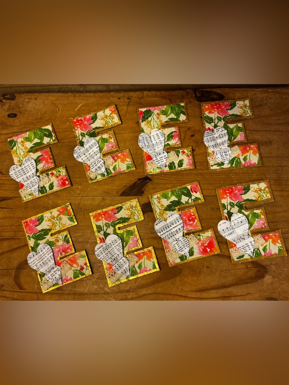 Handmade Decorative Letter “E” - Floral and Hymnal Music Sheets